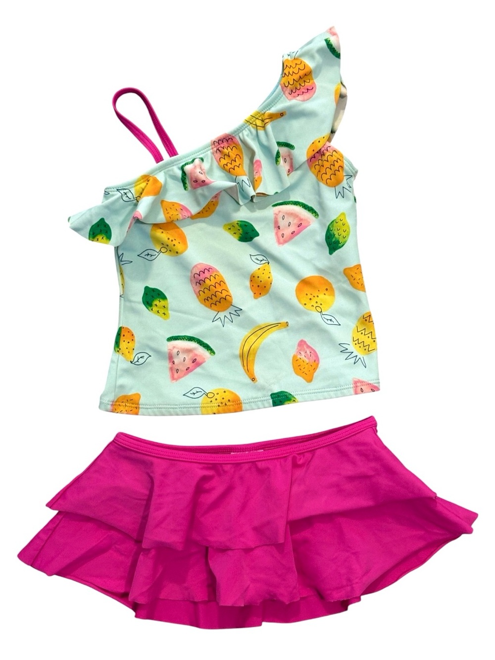 Lands' End Girls' Fruit-Print One-Shoulder Tankini in Mint & Hot Pink